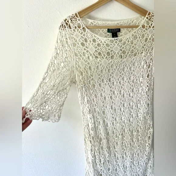 Lauren Ralph Lauren Ivory Crochet Cotton Half Sleeve Dress Size 6 NWT - Picture 3 of 11
